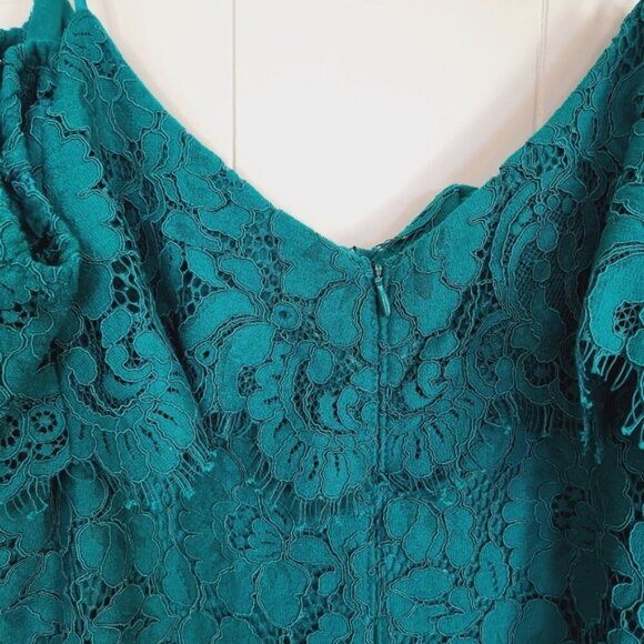 Ralph Lauren Lace Ruffle Off Cold Shoulder Dress Emerald Green Knee Length Party - Picture 10 of 14